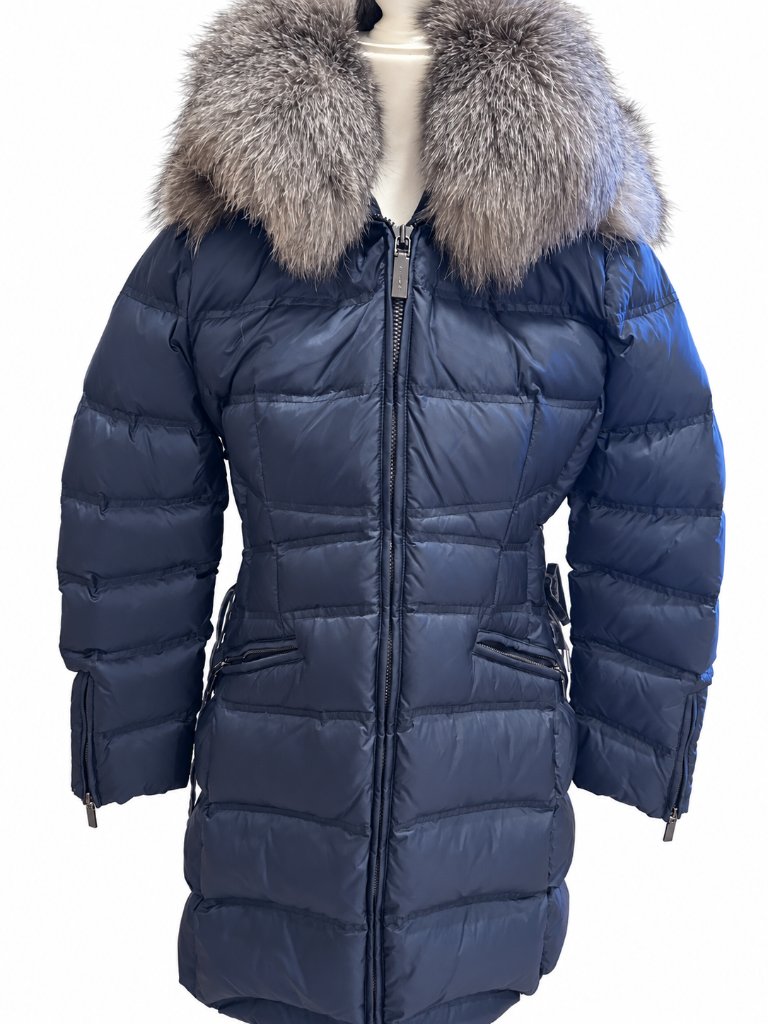 Dawn Levy Cloe Womens Blue Down Puffer Coat Real Fox Fur Hood Large L Nwt — image 2 of 8